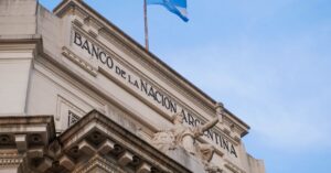 Low angle view of Banco de la Nación Argentina with flag in Concordia, Entre Rios.