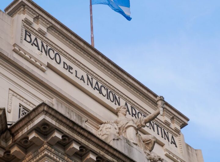 Low angle view of Banco de la Nación Argentina with flag in Concordia, Entre Rios.