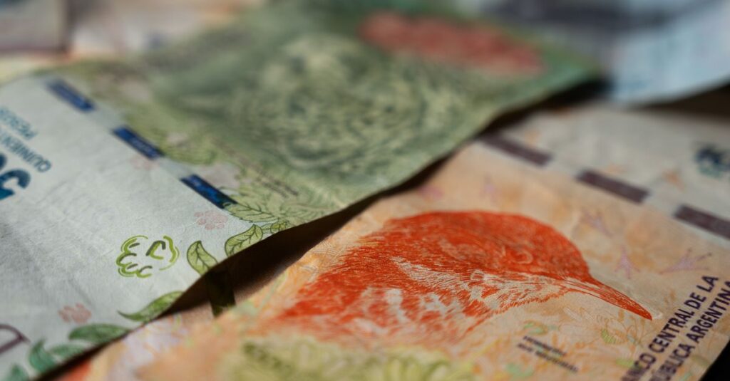 Close-up of colorful Argentine peso banknotes, featuring native wildlife and plants.